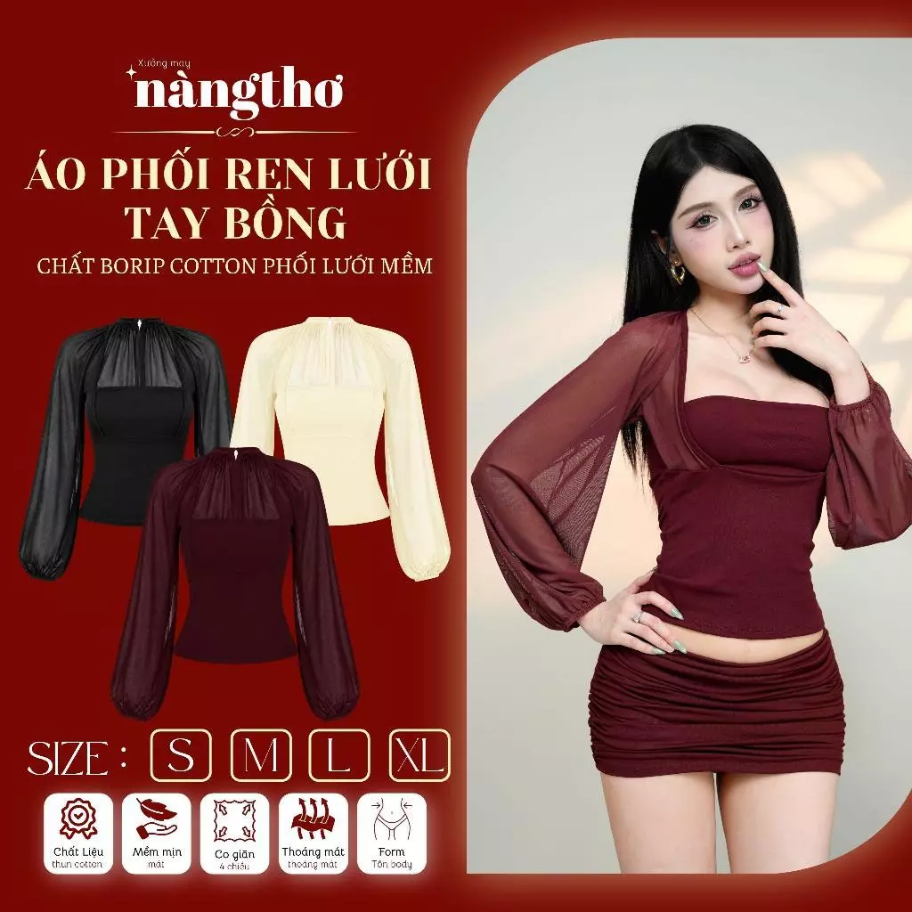 758 [HÀNG MỚI] Áo Ôm Body Phối Ren Lưới Tay Bồng Chất Borip Cotton Phối Ren Lưới Mềm
