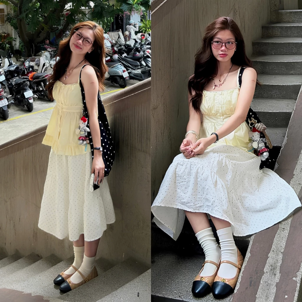 Chân váy kate thô chấm bi lưng chun dáng lửng Renee Store - V488
