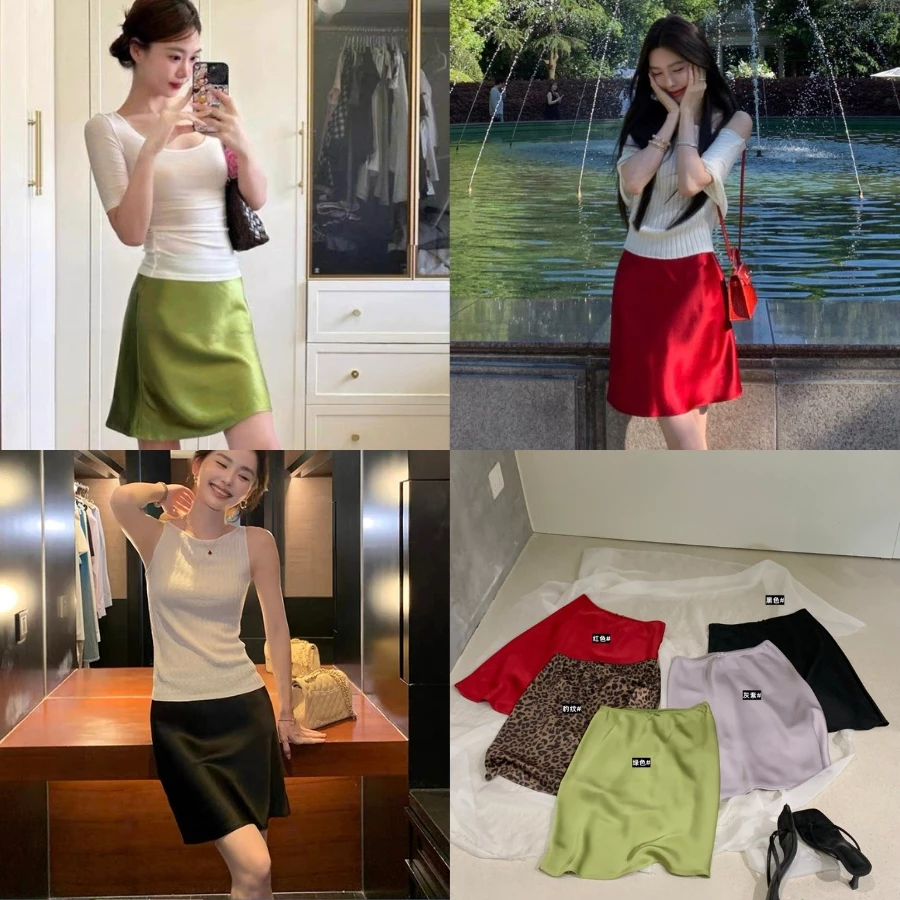 WGWE Studio Chân Váy Ngắn Lụa Satin Viền Ren Phối Nơ, Lưng Cao Hàn Quốc 10287