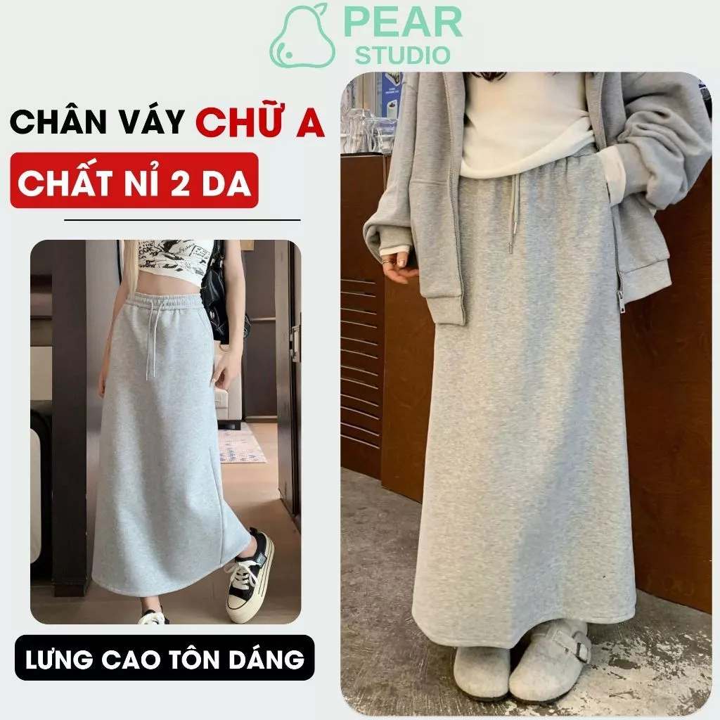 Chân váy nỉ suông dáng dài lưng thun PEAR, Chân váy chữ A cạp  tôn dáng V80
