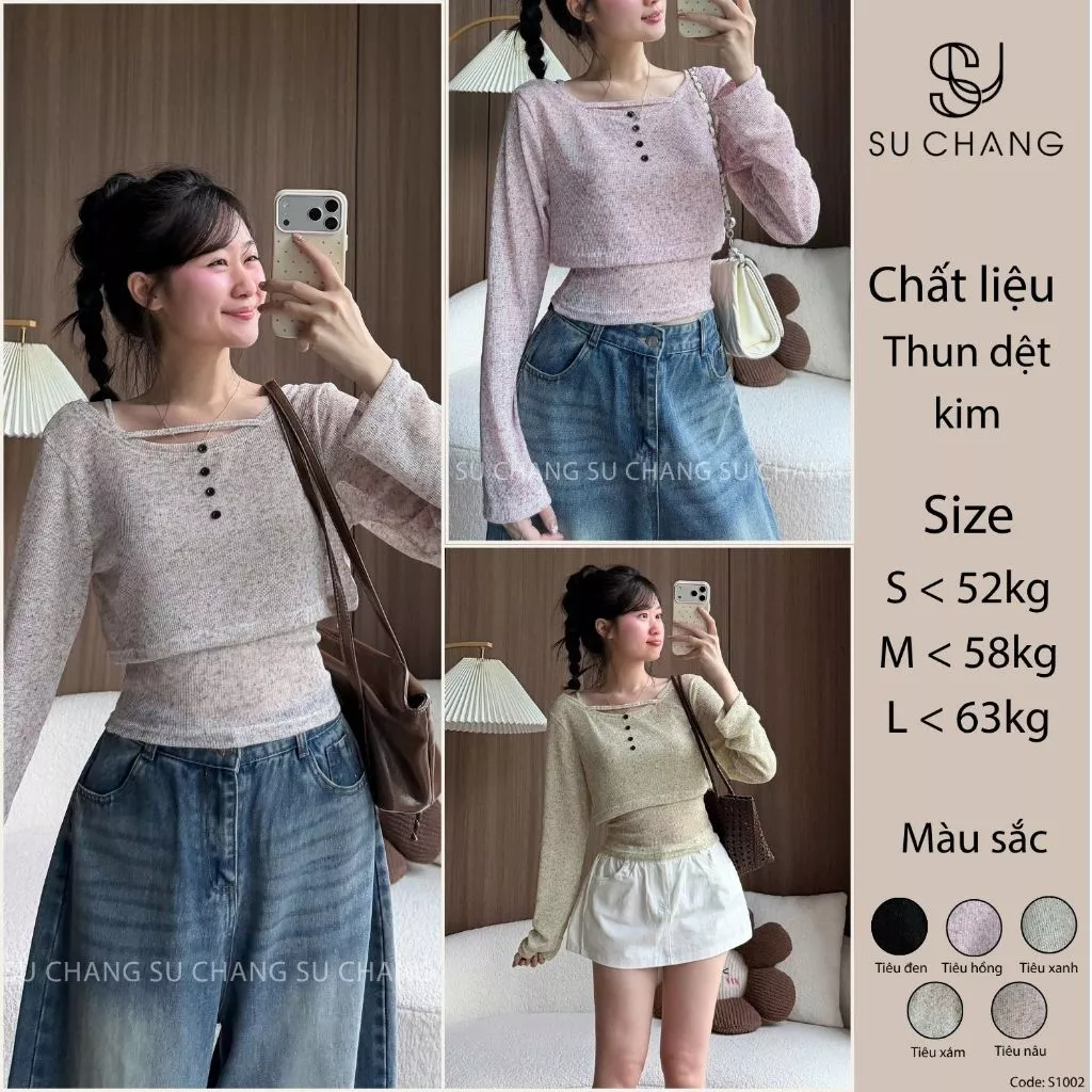 Set Áo Dệt Kim Tiêu Croptop Cúc Dọc Kèm Áo 2 Dây S1002 Su Chang Thời Trang Nữ