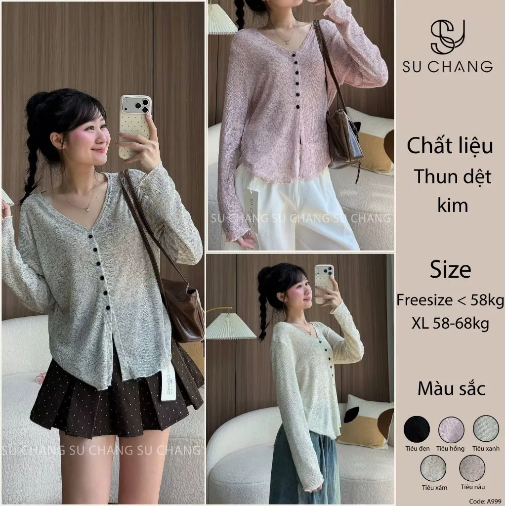 Áo Thun Cổ V Dệt Kim Tiêu Dài Tay Cúc Dọc A999 Su Chang Thời Trang Nữ