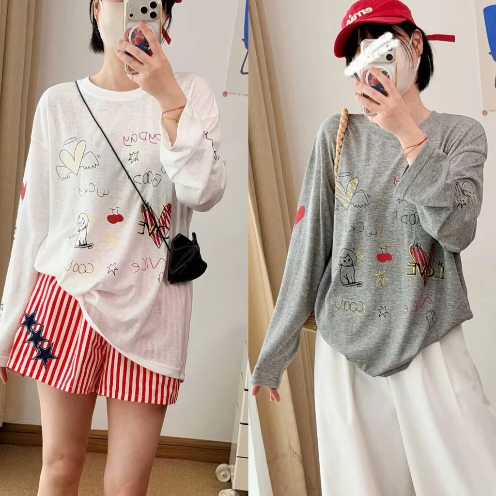 Áo tay dài nữ thun xược, giấy in hình full tay style Hàn Menina_studio, áo dài tay nữ thun giấy gam màu pastle