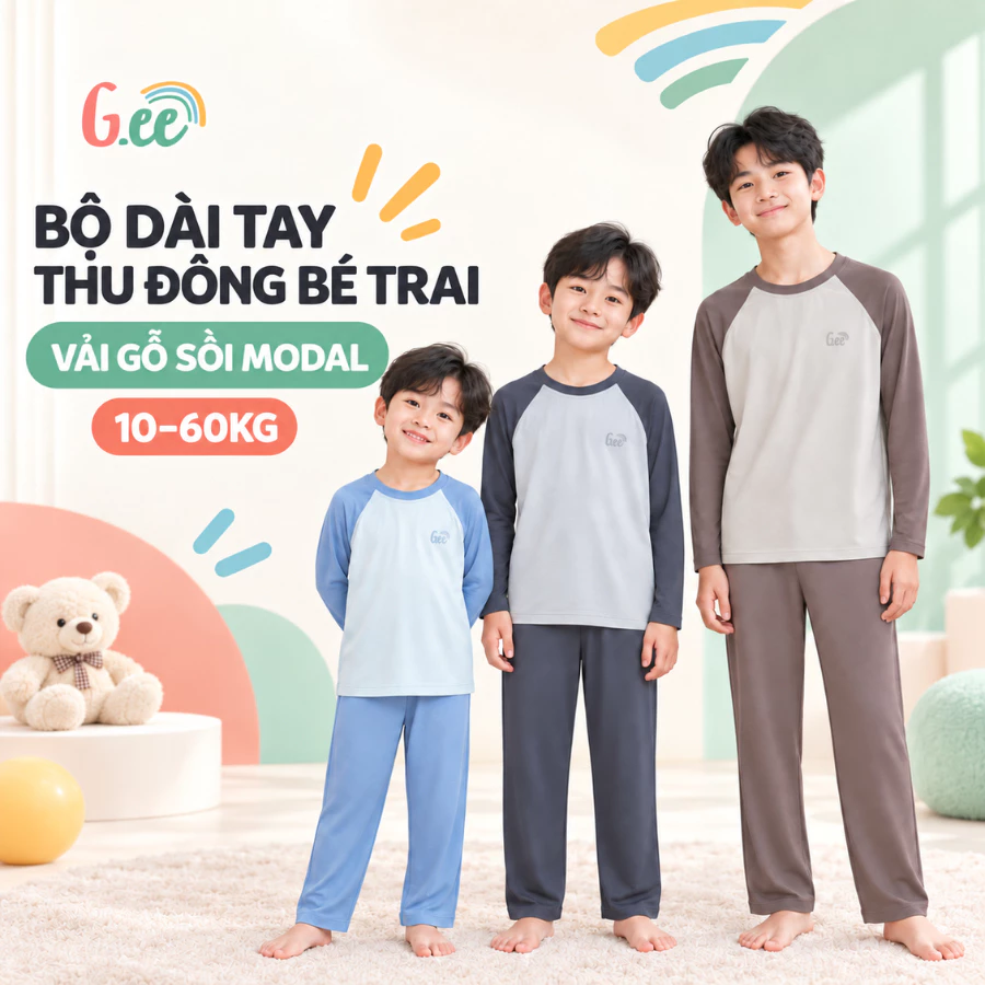 Bộ dài tay thu đông bé trai Gee, bộ thun dài tay bé trai vải gỗ sồi mềm mát size 1tuổi đến 15 tuổi