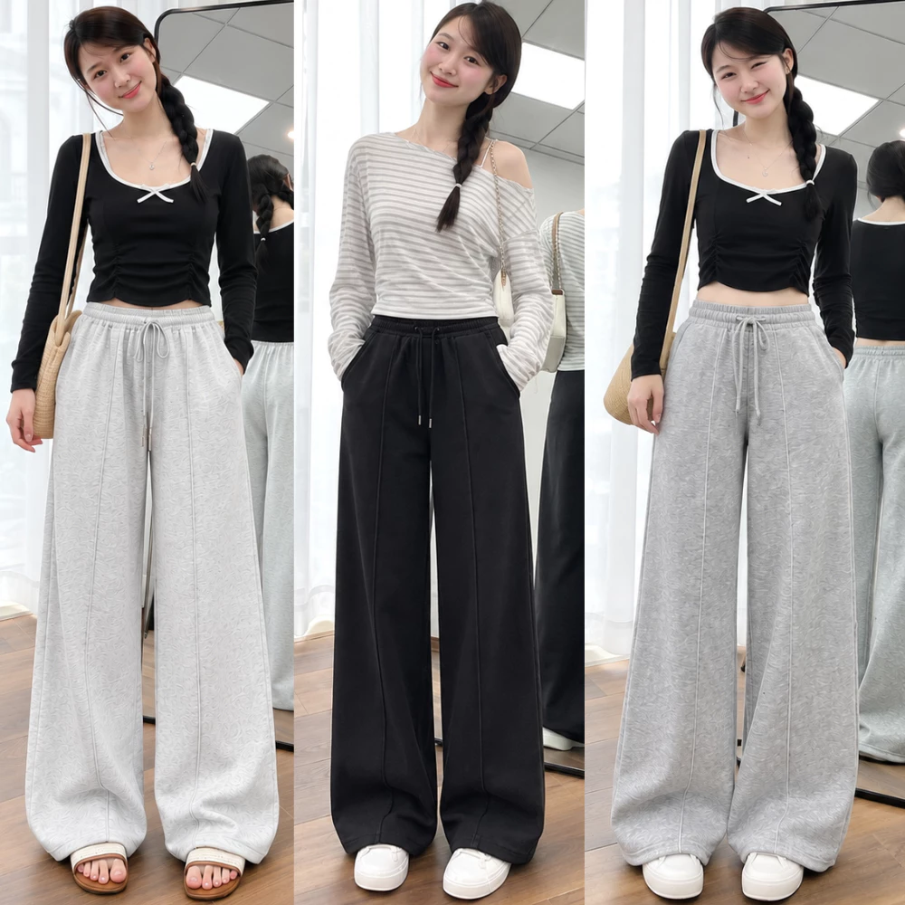 [ DEAL HÀNG MỚI ] Quần Nỉ Ống Suông  Nữ Phối Gân MIAA Chất Nỉ 2 Da Dày Dặn Phong Cách Năng Động