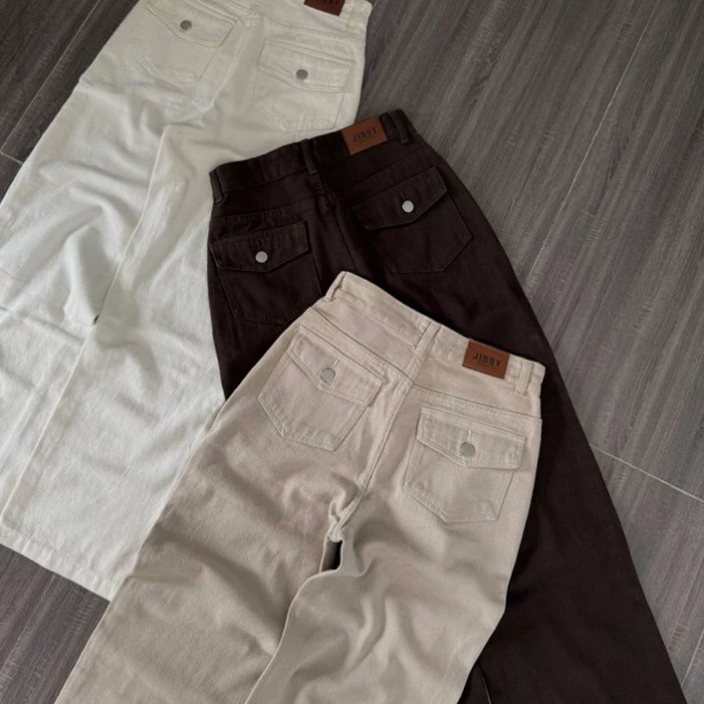 (Dài 95cm)(S-XL)-Quần jean kaki nữ ống suông lưng cao phối túi nắp, có suông nấm lùn, quần jean ống rộng túi hộp