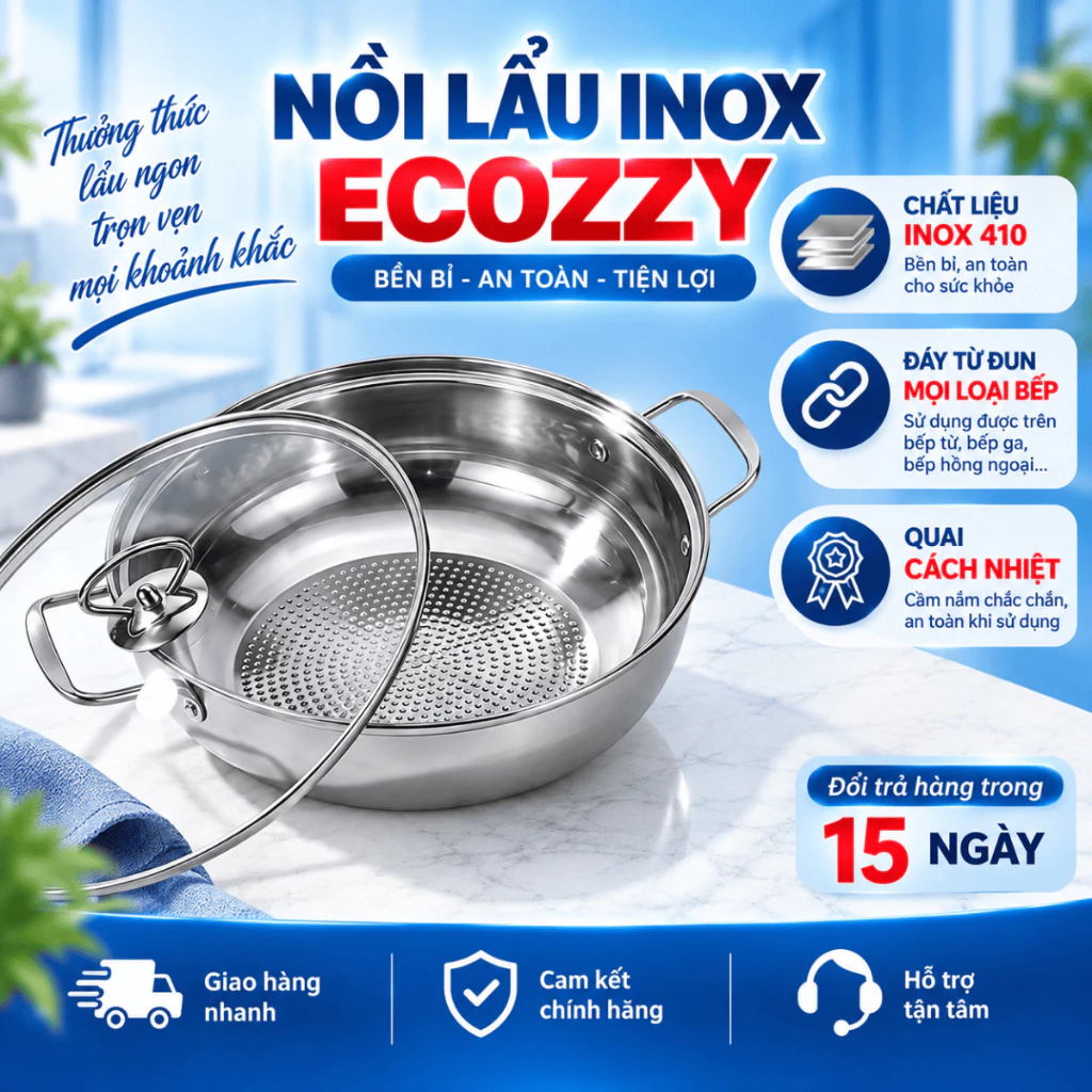 Nồi Lẩu ECOZZY,Đáy Từ Dùng Được Mọi Loại,Đường Kính 30 CM,Lòng Nồi Tổ Ong Chống Khê,Bảo Hành 12 Tháng