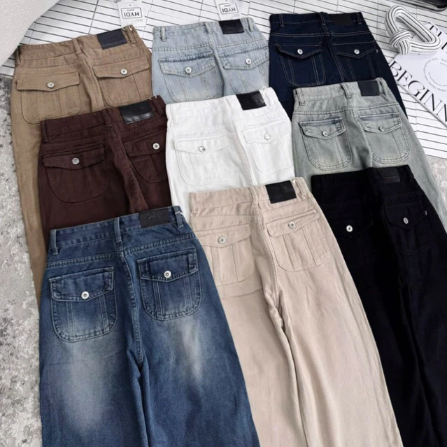 ( Dài 95cm&103cm)(XS-XL)-Quần jean kaki nữ ống suông lưng cao phối túi nắp, có suông nấm lùn, quần jean ống rộng túi hộp