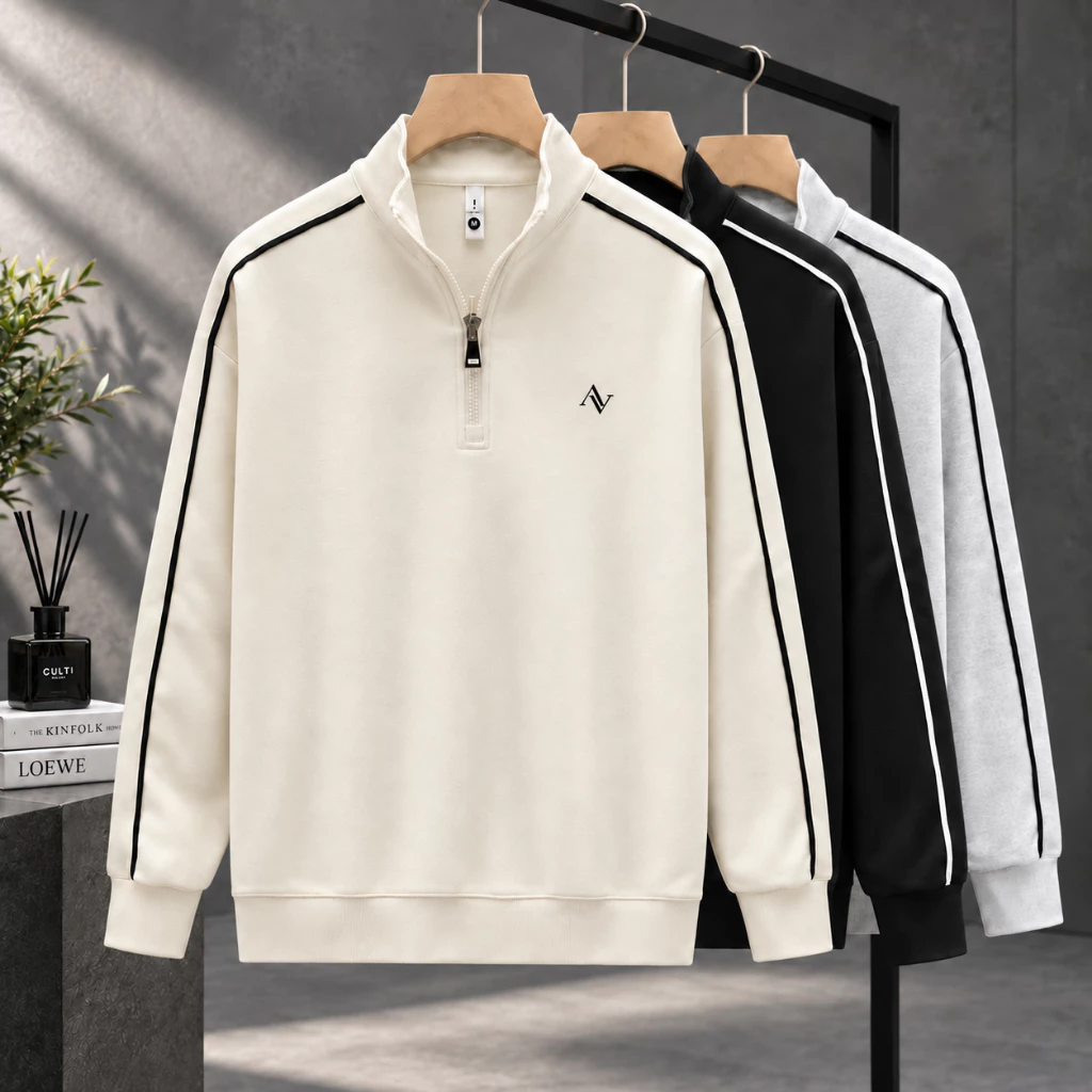 Áo Nỉ Nam Cổ Đứng Khóa Kéo 1/4, Áo Sweater Dài Tay Phối Sọc Vai Thể Thao, Form Nam Trẻ Trung