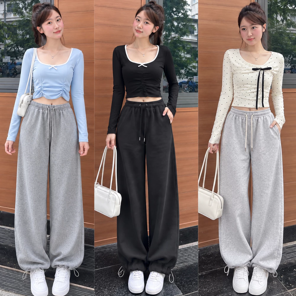 Quần Nỉ Ống Rộng Nữ Unisex MIAA nỉ 2 da Form Suông Rộng Ống phối dây rút, quần nỉ jogger dày dặn cạp chun co giãn