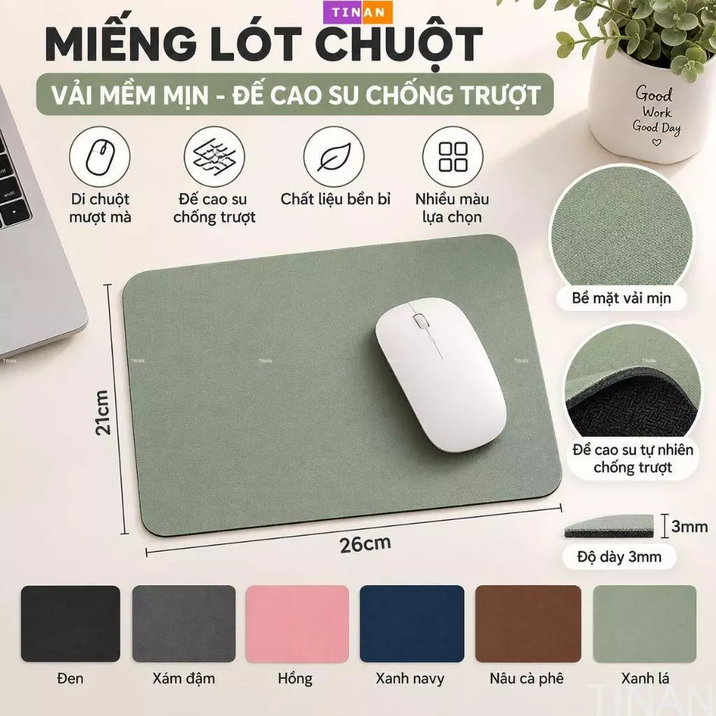 Miếng Lót Chuột Vải Đế Cao Su Chống Trượt, Mouse Pad Mềm Mịn, Dày 3mm