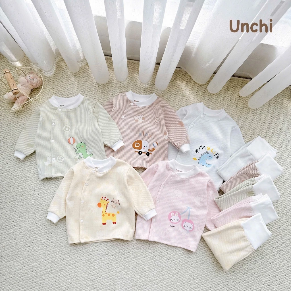 BD44. Bộ Sơ Sinh THU ĐÔNG CẠP CAO Unchi - Vải Nỉ Cotton Dày Dặn, Cạp Quần Siêu Êm Cho Bé 3-9kg