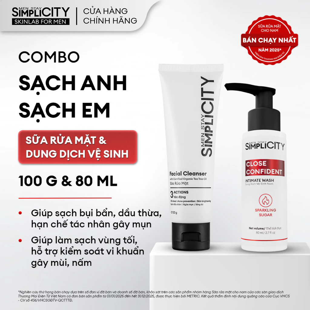 Combo Sạch anh sạch em Men Stay Simplicity: Sữa rửa mặt 3 tác động 100g & Dung dịch vệ sinh nam làm sạch ngăn mùi 80ml