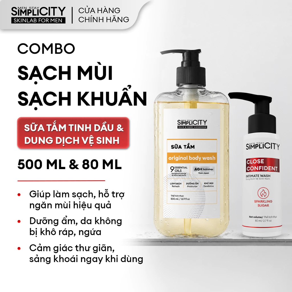 Combo tắm sạch toàn thân cho nam Men Stay Simplicity: Sữa tắm 500ml và Dung dịch vệ sinh nam 80ml