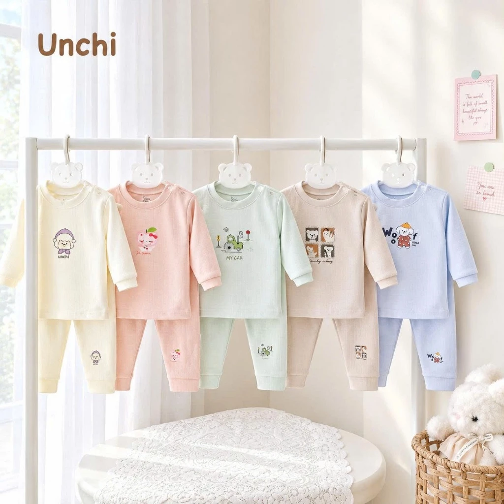 BD36. Bộ Nỉ Thu Đông Unchi Cài Vai, Cổ 2cm Kín Cổ, Chất Nỉ Cotton Dày Dặn, Ấm Áp 5-14kg