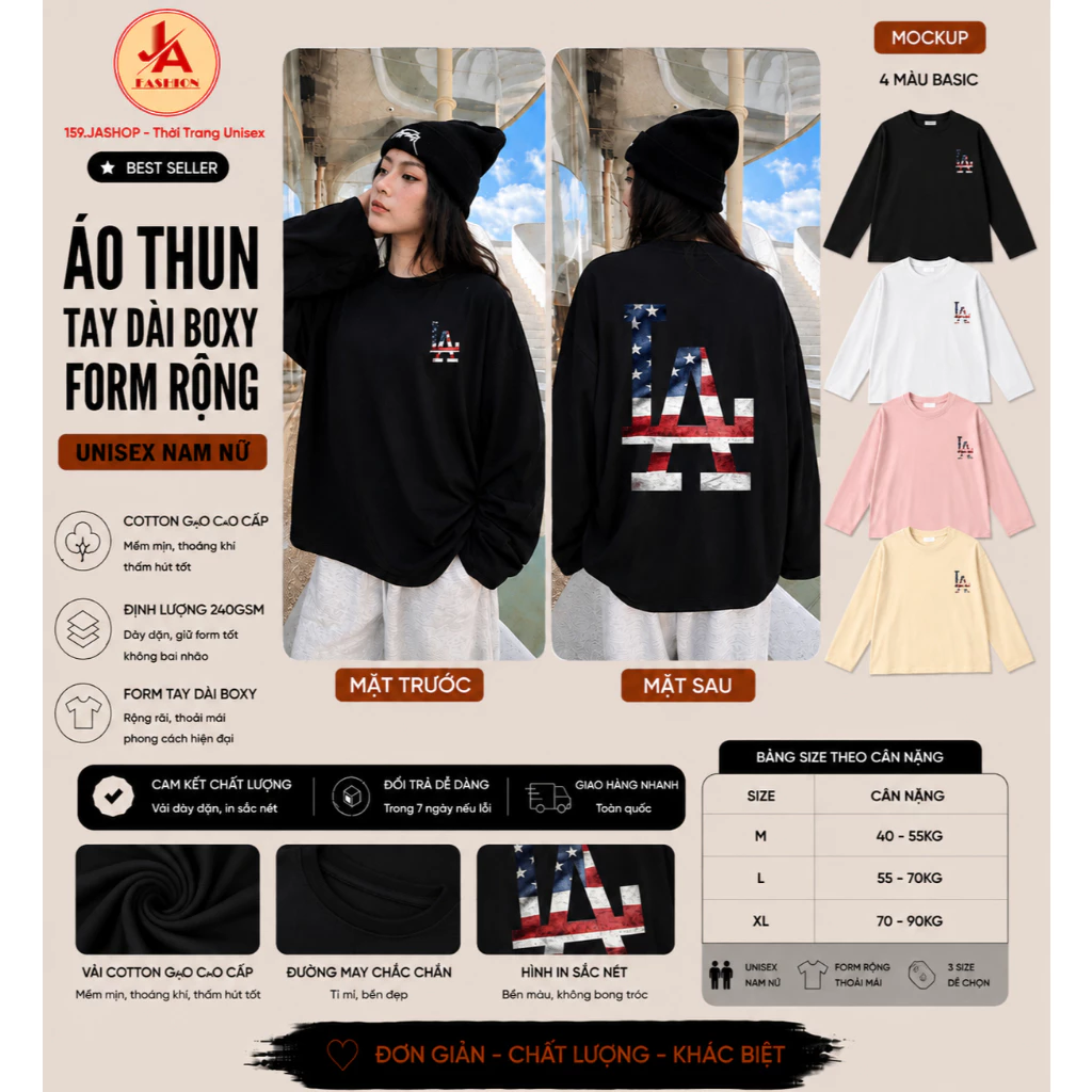 Áo Thun Tay Dài Boxy Form Rộng Unisex Nam Nữ   LA cờ mỹ Cotton 240gsm cotton gạo cao cấp Áo Phông Basic Thời Trang Stree