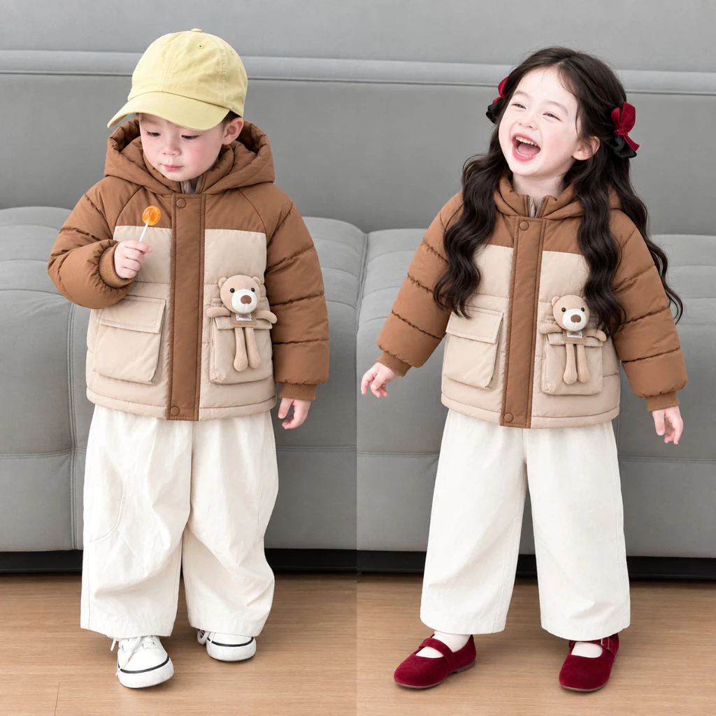 Áo Khoác Phao Bé Trai Bé Gái Ấm Áp Thời Trang ( Tặng Kèm Gấu )  – Áo Khoác Mùa Đông Cho Bé, Mẫu Hot Trend – Size 9–19kg