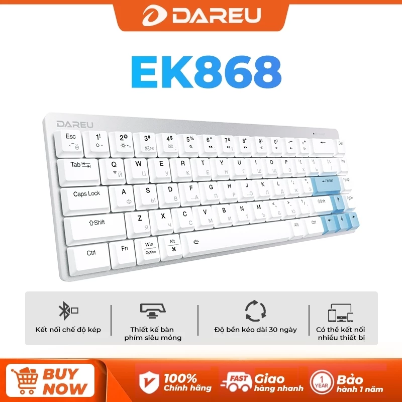Bàn phím cơ DAREU EK868 Cloud Blue (Trắng) nhỏ gọn tinh tế 68 key - Hai chế độ - Bảo hành 24 thán