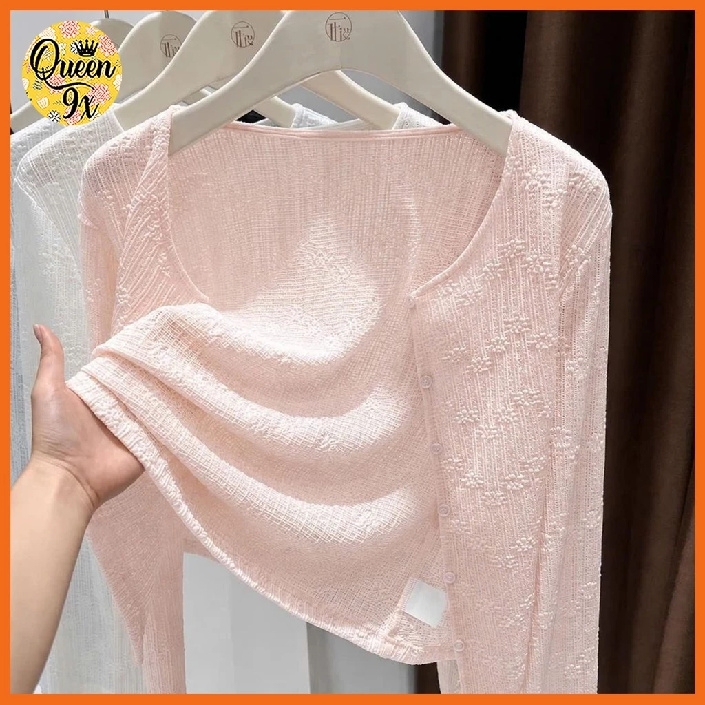 Áo khoác, áo cardigan nữ ren mỏng dài tay phối hoa nổi cho nữ xinh xắn từ 37-55kg