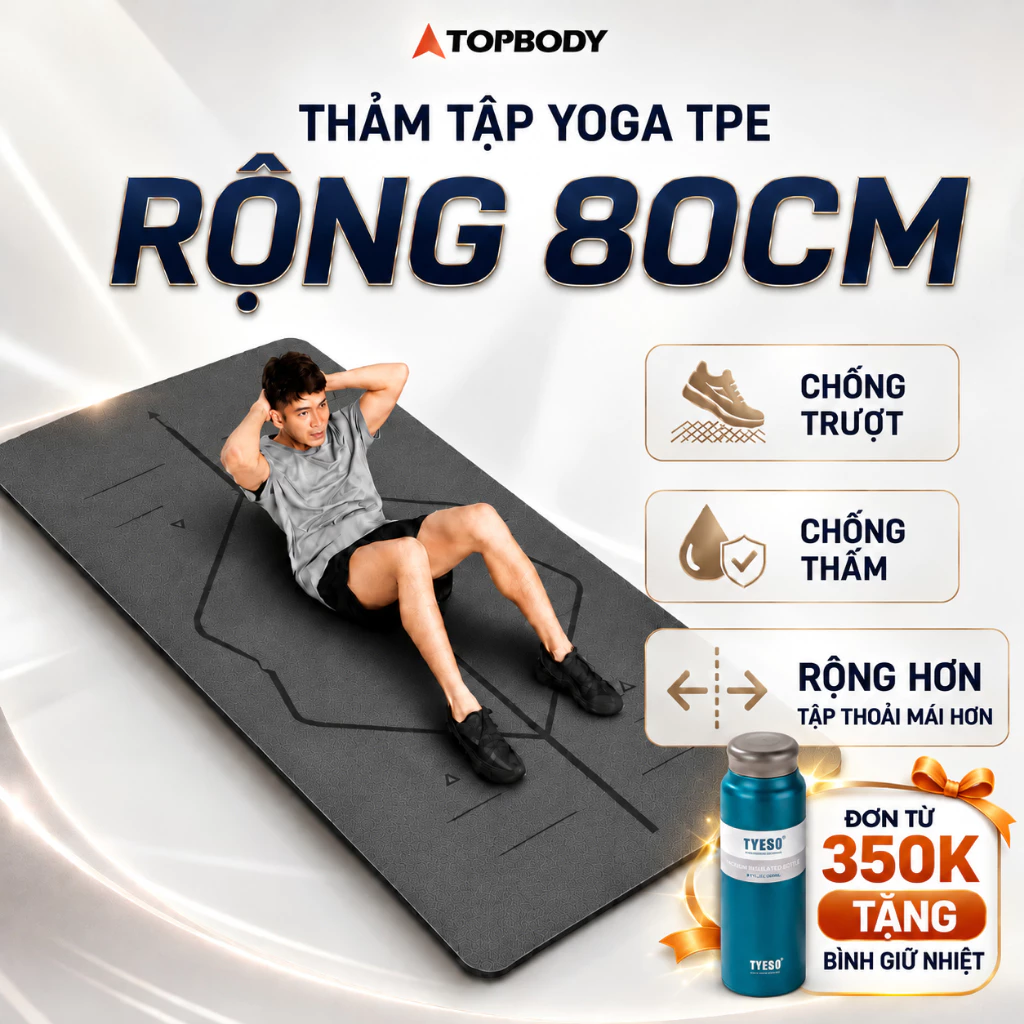 Thảm Tập Thể Dục Rộng 80cm TOPBODY TPE 2 Lớp Chống Trượt Dùng Tập Yoga Gym Tại Nhà Dày 6/8mm