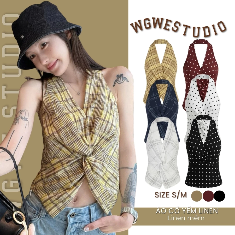 WGWE Studio Áo Yếm Xoắn Ngực Chấm Bi Dáng Ôm - Áo Kiểu Nữ Cổ Yếm Quyến Rũ 9707