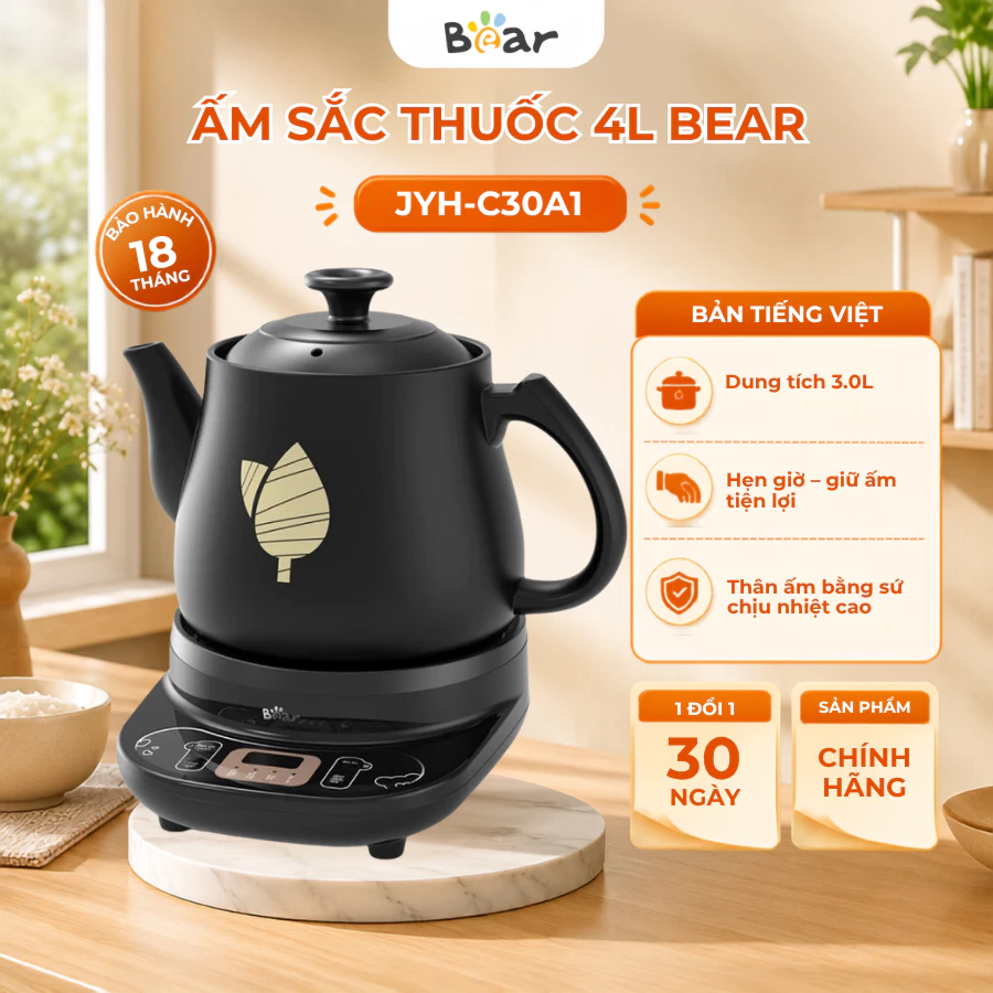 Ấm sắc thuốc bằng điện 3L đa năng Bear JYH-C30A1, 500W, Ấm gốm, Giữ ấm, Hẹn giờ, BH 18 Tháng