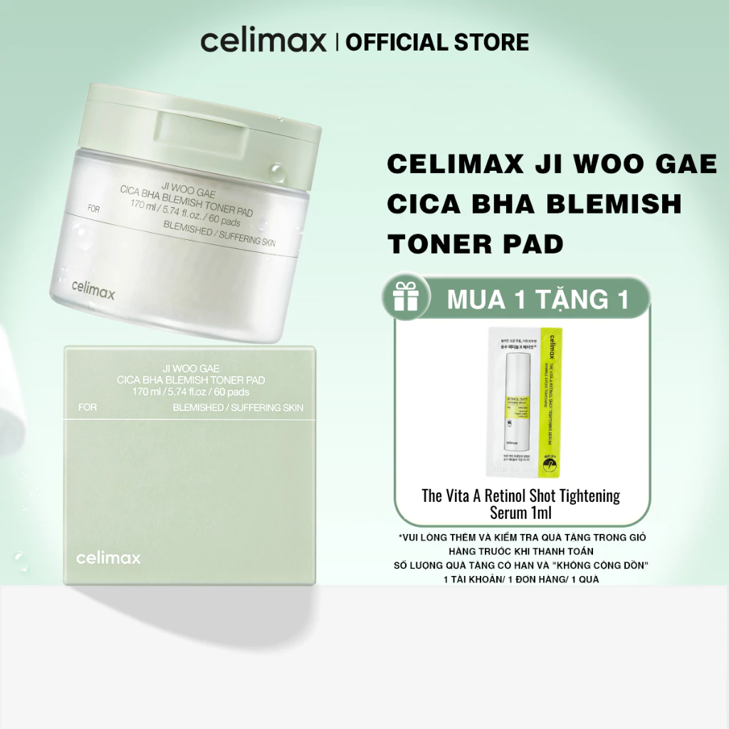 Toner Pad Dưỡng Ẩm, Làm Sạch Tế Bào Chết CELIMAX Ji Woo Gae Cica Bha Blemish Toner Pad 60pads [1]