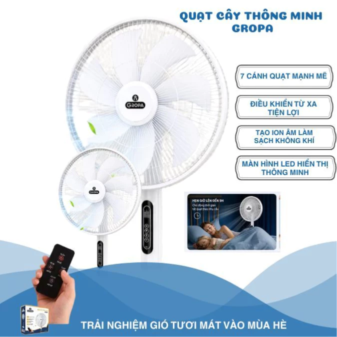 Quạt Cây Đứng Gropa Quạt 7 Cánh Có Điều Khiển Từ Xa 8 Cấp Gió Hẹn Giờ Làm Mát Phòng Ngủ