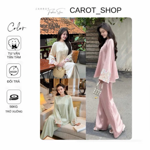 ( BIGSIZE ) VN170 Set áo dài pháp phục lụa tráng gương phối ren form suông thanh lịch đi lễ Chùa, mặc Tết by CarrotShop