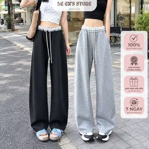 Quần suông nữ cạp phối ren chất nỉ 2 da mềm dày dặn, quần nỉ nữ ống suông basic thời trang thu đông