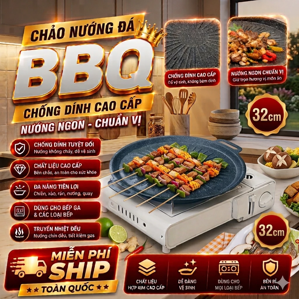 Chảo nướng đá chống dính không dầu Hàn Quốc size 32cm chảo nướng thịt BBQ dùng được cho cả bếp ga và bếp từ