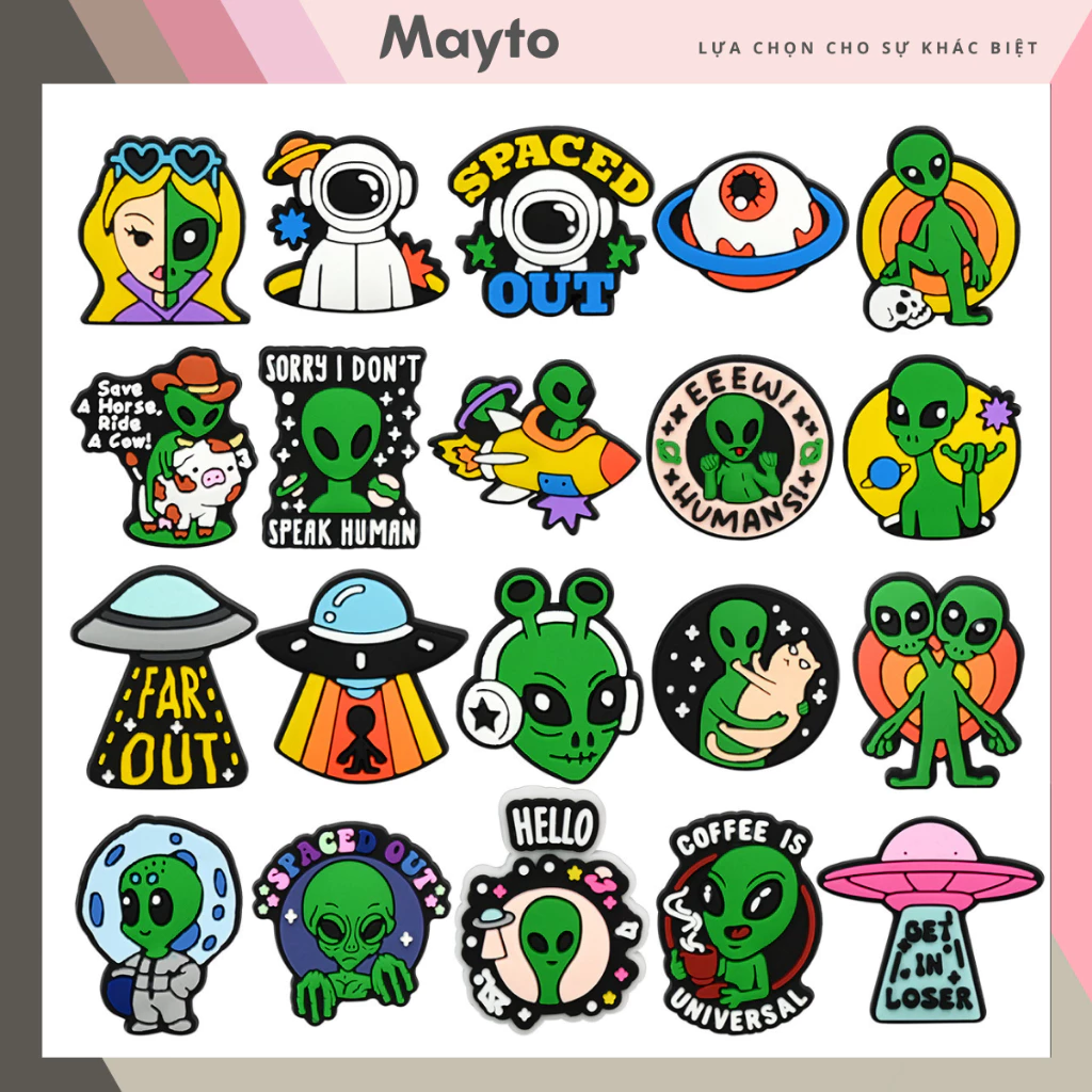Bộ Sticker, Charm 3D chủ đề Alien người ngoài hành tinh nhựa dẻo gắn Dép Sục, Cá sấu Mayto JB-486