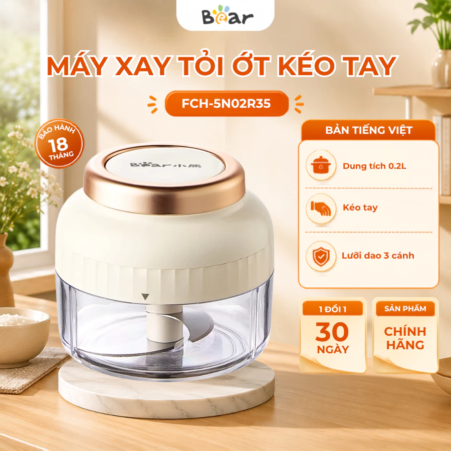 Máy Xay Tỏi Ớt Kéo Tay Bear Bear FCH-5N02R35, 0.2L, 3 Lưỡi Inox, Nhỏ Gọn, Dễ Sử Dụng,Bảo Hành 18Thág