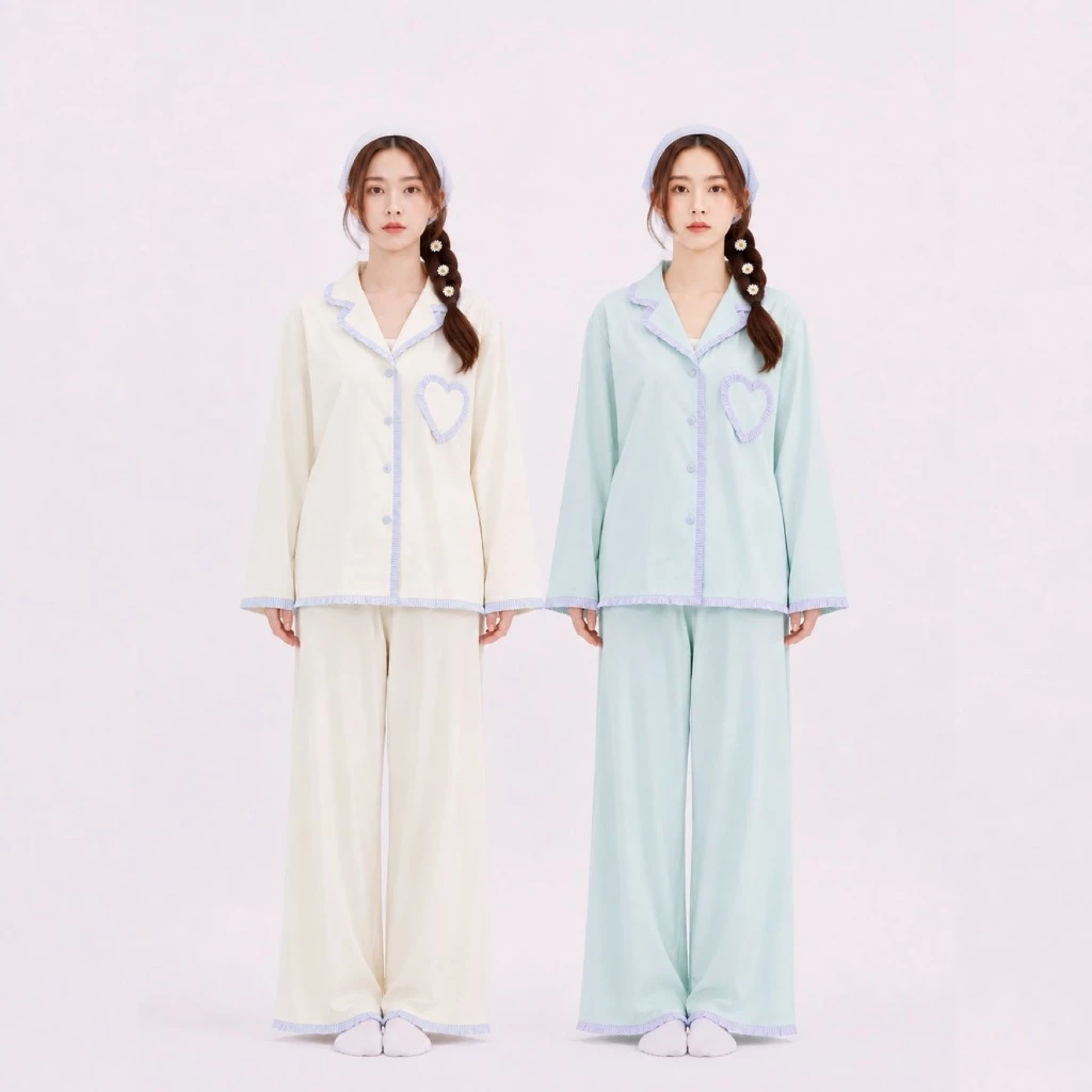 [ Fit to sleep ] MATELL – Bộ Pijama Nữ Dài Tay Form Rộng, Quần Dài, Viền Bèo Phối Trái Tim, Đồ Ngủ Nữ Pastel