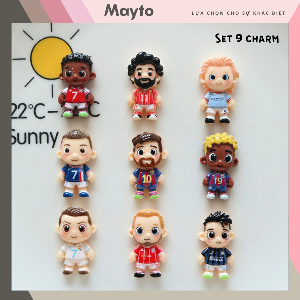 Bộ 9 Sticker, Charm 3D chủ đề Cầu thủ bóng đá nhựa cứng gắn Dép Sục, Cá sấu Mayto JB-488