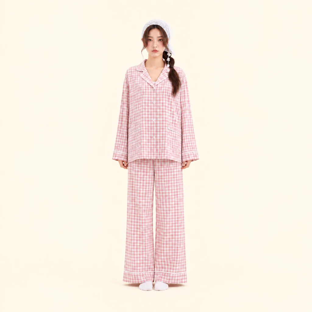 [ Fit to sleep ] ROSIE – Bộ Pijama Nữ Caro Hồng Pastel Dài Tay Quần Dài Form Rộng.