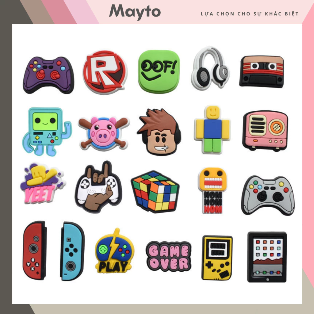 Bộ Sticker, Charm 3D chủ đề Gaming nhựa dẻo gắn Dép Sục, Cá sấu Mayto JB-489