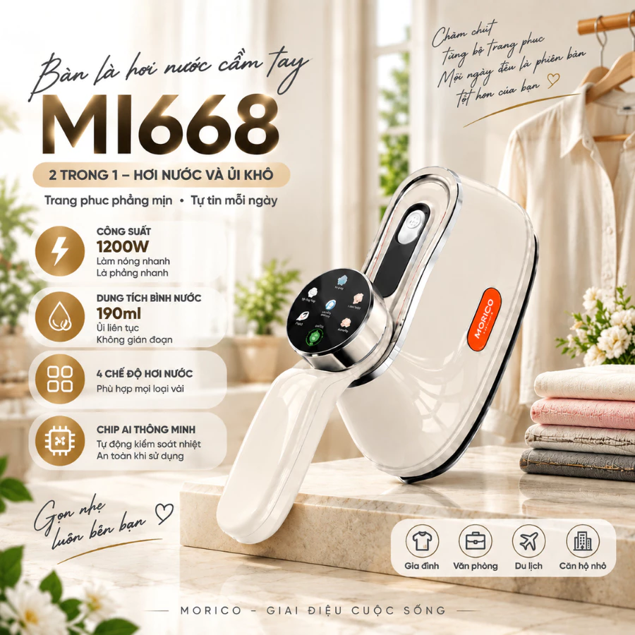 Bàn Là, Bàn Ủi Hơi Nước Cầm Tay MORICO MI668 1200W, Ủi Hơi & Khô 2IN1, Tay Cầm Xoay 180°, Chế Độ Riêng Cho Từng Loại Vải