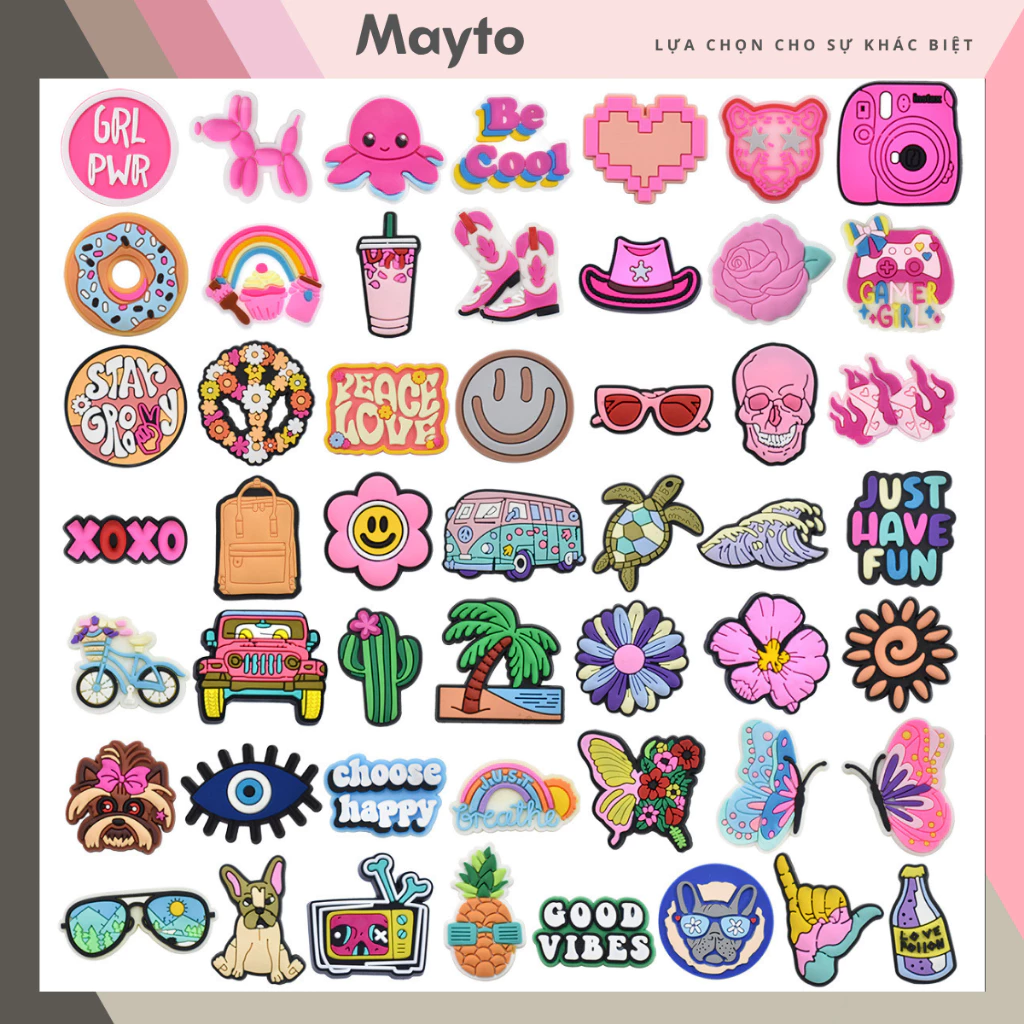 Bộ Sticker, Charm 3D chủ đề Goodvibes nhựa dẻo gắn Dép Sục, Cá sấu Mayto JB-490
