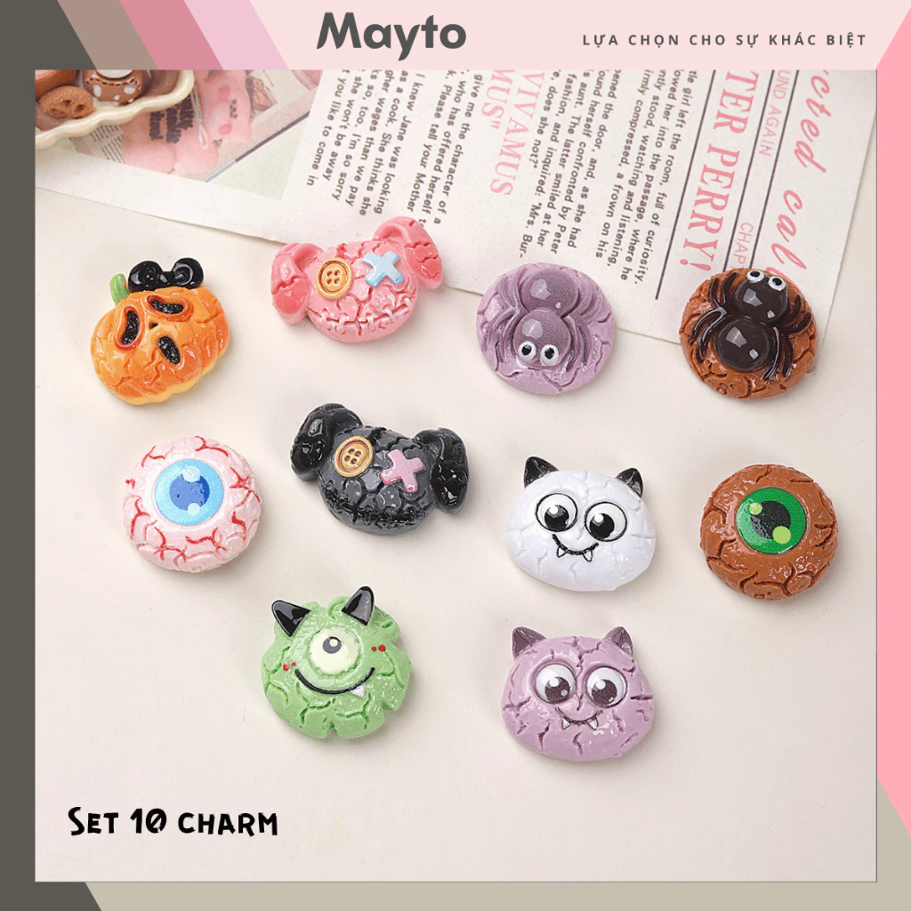 Bộ 10 Sticker, Charm 3D chủ đề Halloween cookie 2026 nhựa cứng gắn Dép Sục, Cá sấu Mayto JB-491