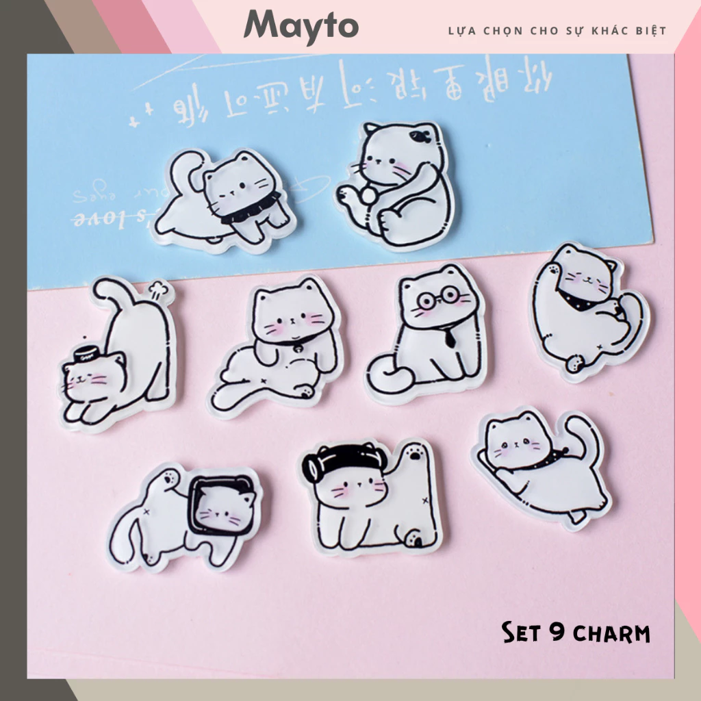 Bộ 9 Sticker, Charm 3D chủ đề Mèo trắng dễ thương nhựa cứng gắn Dép Sục, Cá sấu Mayto JB-492