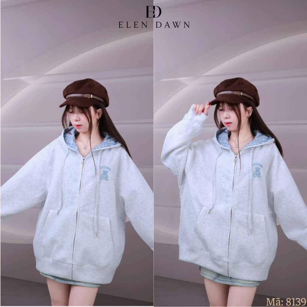 [TẶNG KẸP TÓC] Áo khoác hoodie zip Elen Dawn form rộng mũ phối caro vải cotton dày dặn thêu gấu unisex 8139