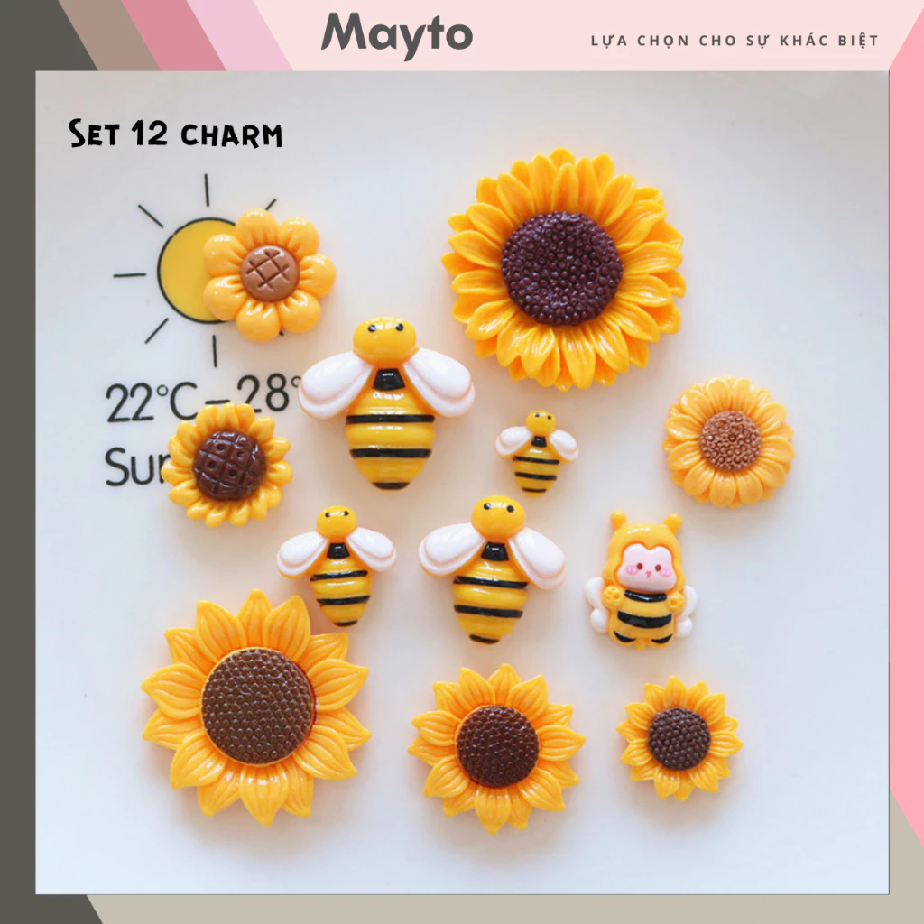 Bộ 12 Sticker, Charm 3D chủ đề Ong hướng dương nhựa cứng gắn Dép Sục, Cá sấu Mayto JB-493