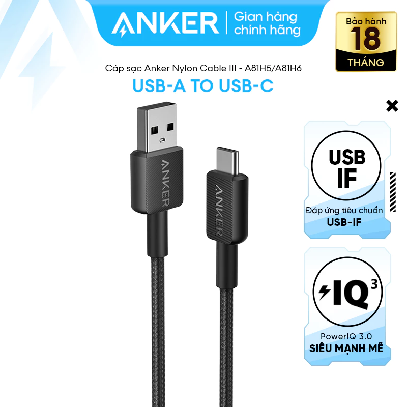 [LIVE] Cáp Sạc ANKER 322 Nylon Cable III USB-A to USB-C - Dài 0.9/1.8m - A81H5/A81H6