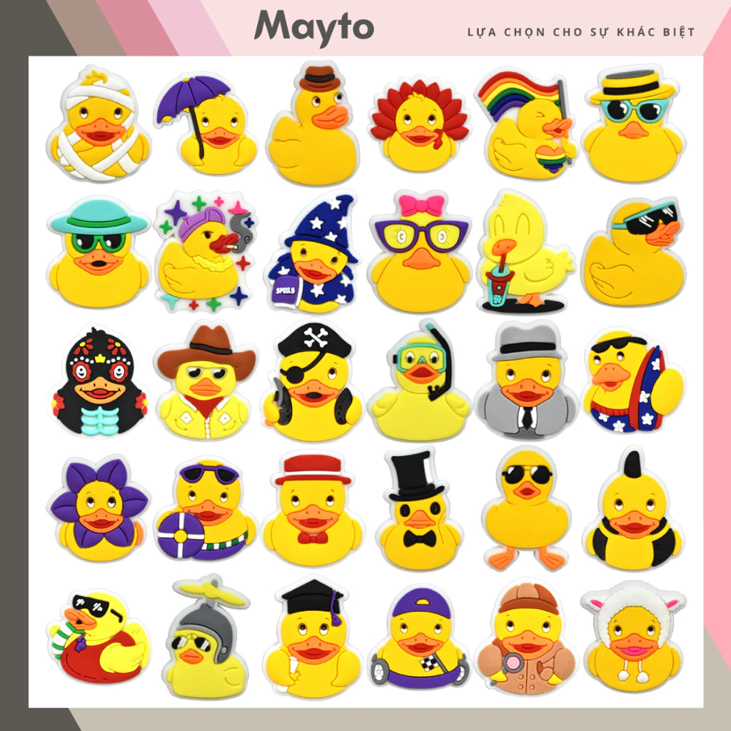 Bộ Sticker, Charm 3D chủ đề Vịt vàng nhựa dẻo gắn Dép Sục, Cá sấu Mayto JB-494
