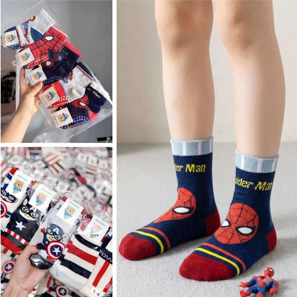 Tất vớ bé trai chống trơn trượt, Tất siêu nhân SET 5 ĐÔI bé trai chất cotton xuất Hàn