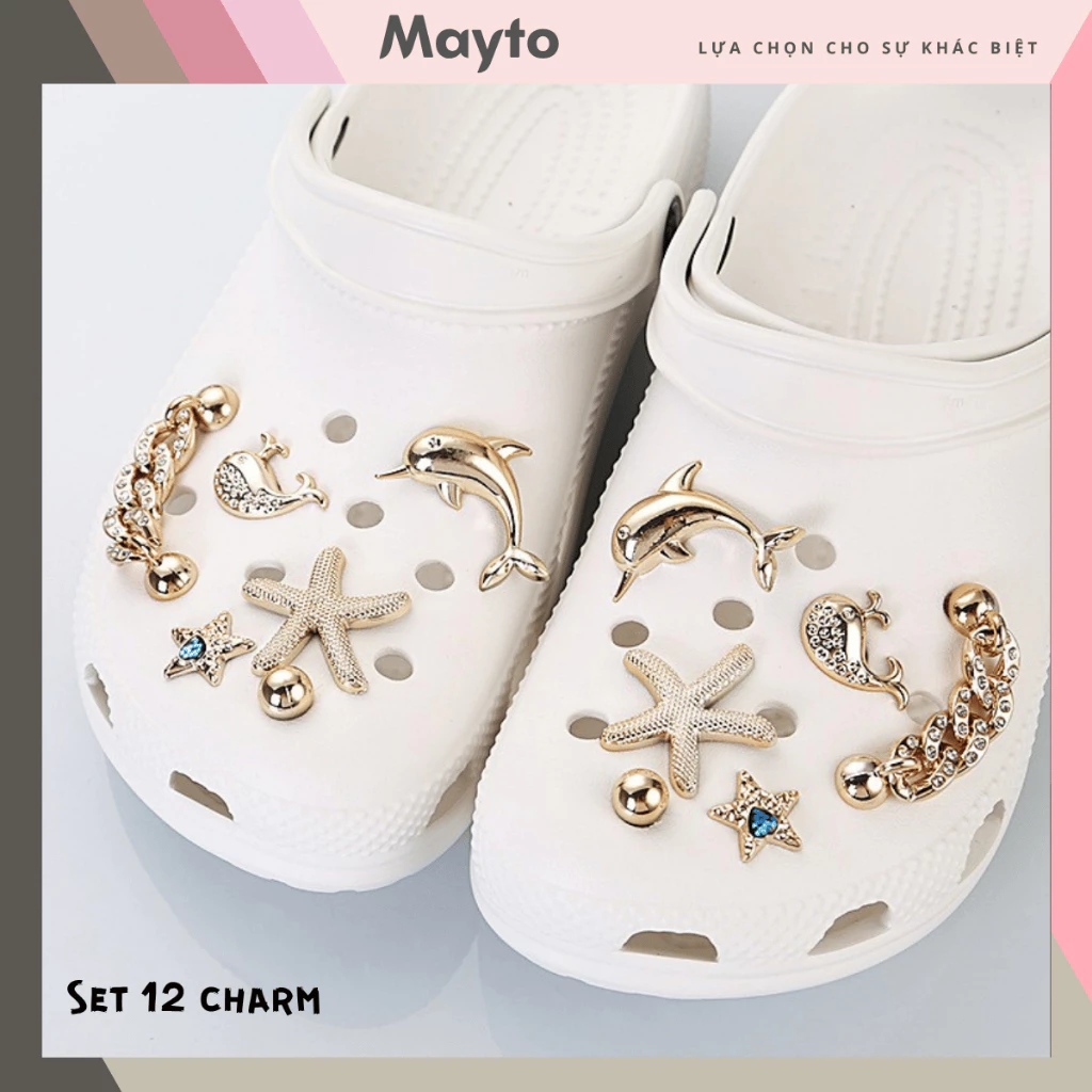 Bộ 12 Sticker, Charm 3D chủ đề Cá heo bling nhựa cứng gắn Dép Sục, Cá sấu Mayto JB-495