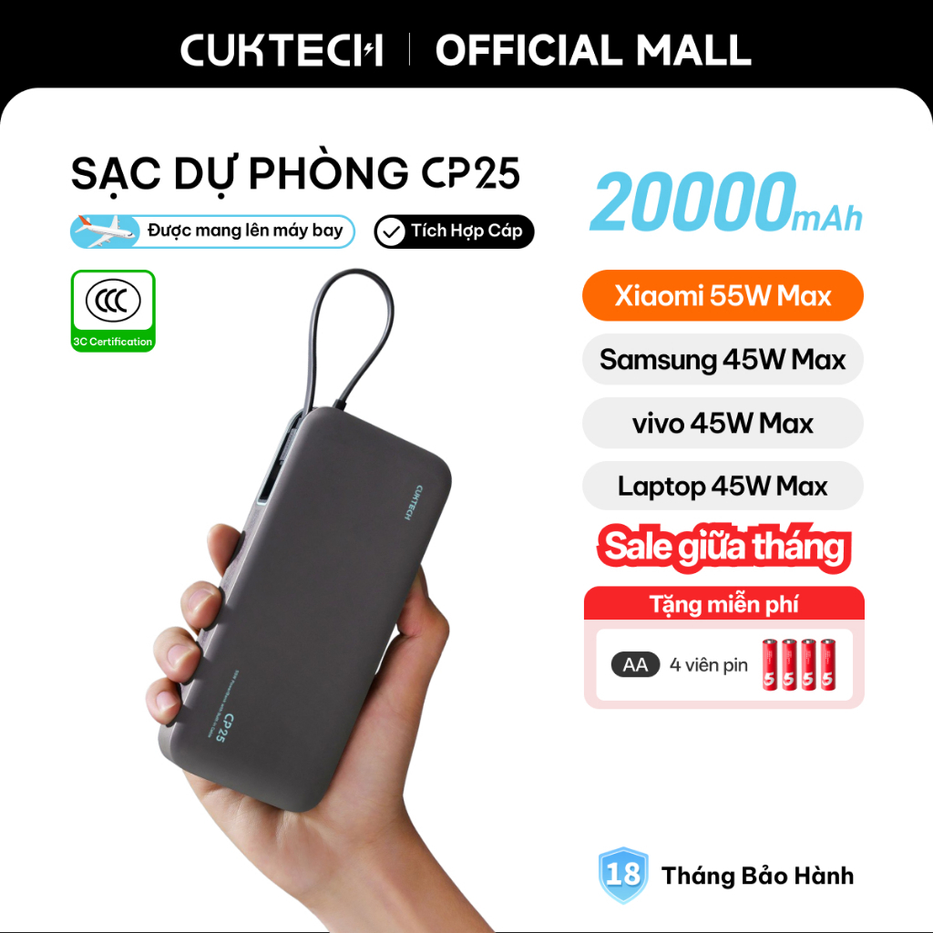CUKTECH Sạc Nhanh 55W 20000mAh – Tích Hợp Dây, Hỗ Trợ Xiaomi 55W Samsung 45W…