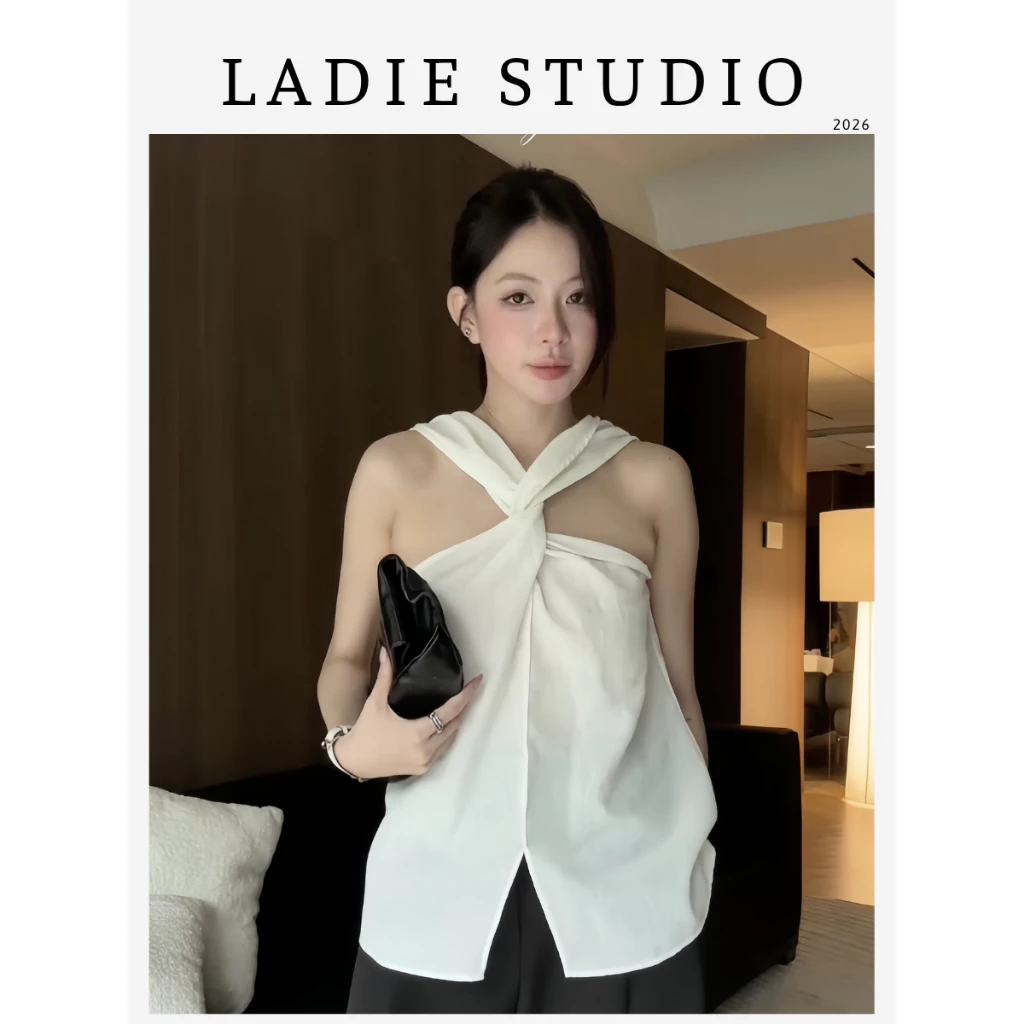 [LADIE STUDIO] Áo cổ yếm xoắn Linen Poly Hàn – Áo nữ thiết kế thanh lịch AO43