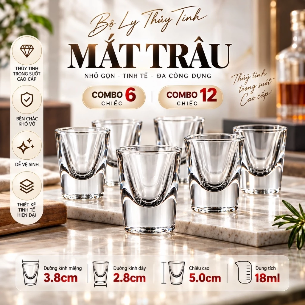 Bộ Ly Thuỷ Tinh 20ml, Chén Mắt Châu Uống Rượu Chất Liệu Thuỷ Tinh An Toàn Sức Khoẻ Dày Dặn Dễ Dàng Sử Dụng